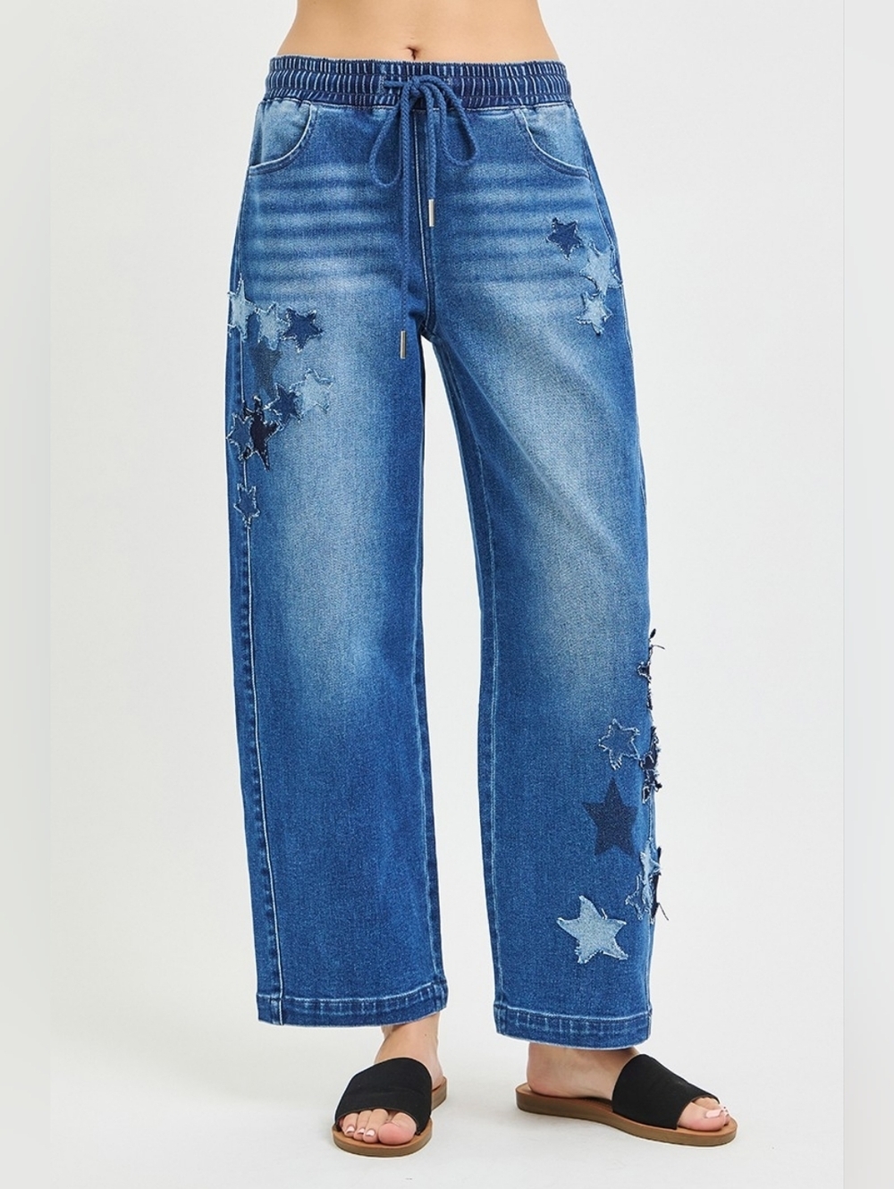 RISEN HR Dark Wash Slouchy Barrel Jeans Star Patch Elastic Waist Various NEW - Picture 3 of 7